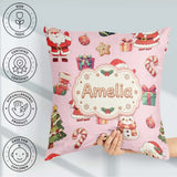 Custom Name Cute Santa Claus Mrs Snowman Candy on Pink Seamless Square Filled Cushion Throw Pillow Sofa Bed Home Decor Zip Washable UK Made