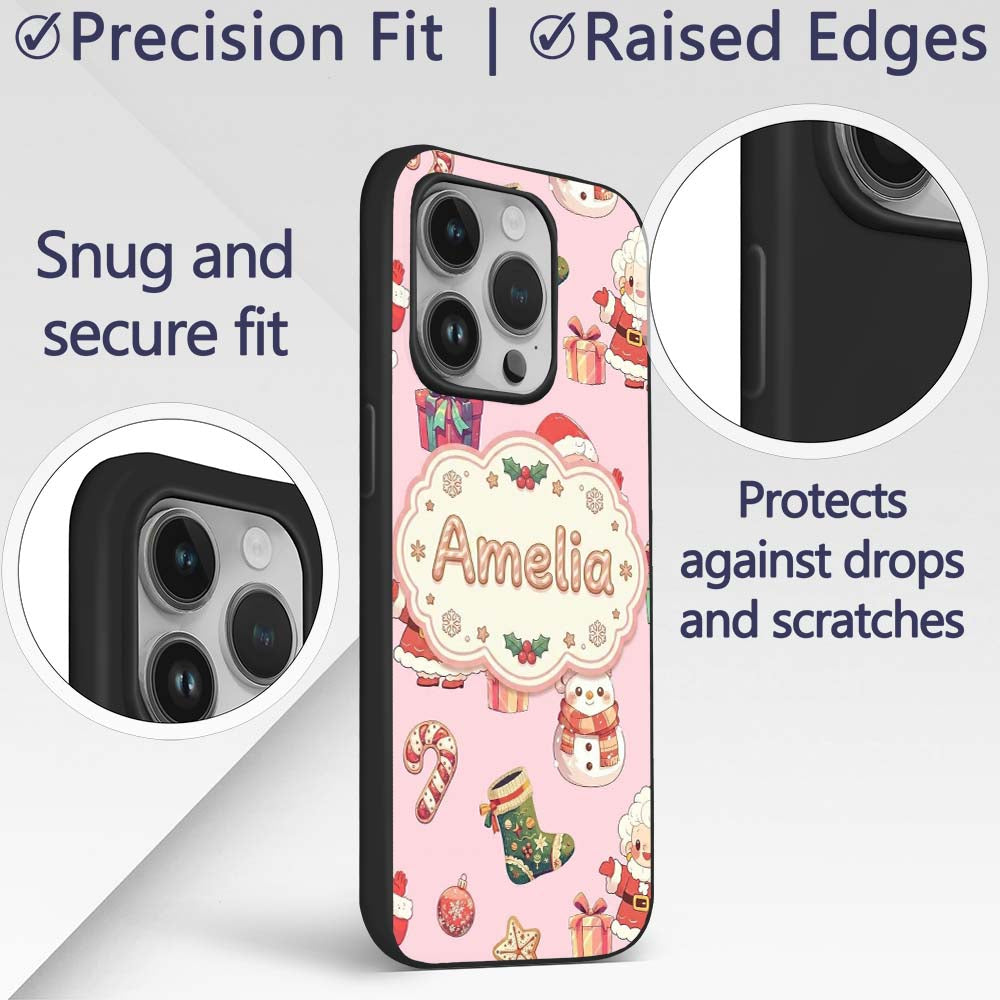 Cute Santa Claus Mrs Snowman Gift Candy on Pink Custom Name Protective Phone Case Mobile Cover Durable Everyday Smartphone Shock Resistant