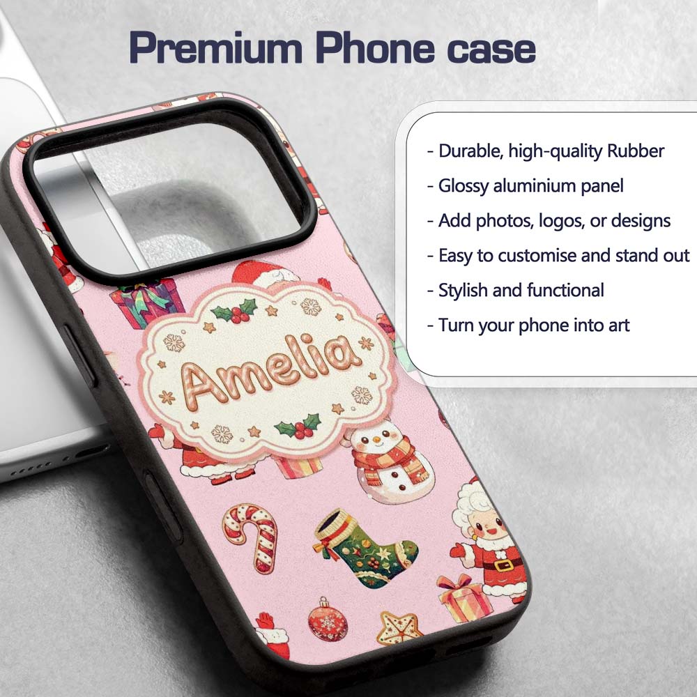 Cute Santa Claus Mrs Snowman Gift Candy on Pink Custom Name Protective Phone Case Mobile Cover Durable Everyday Smartphone Shock Resistant