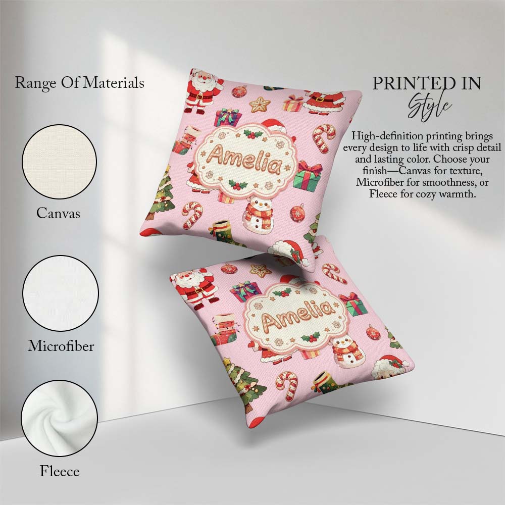 Custom Name Cute Santa Claus Mrs Snowman Candy on Pink Seamless Square Filled Cushion Throw Pillow Sofa Bed Home Decor Zip Washable UK Made