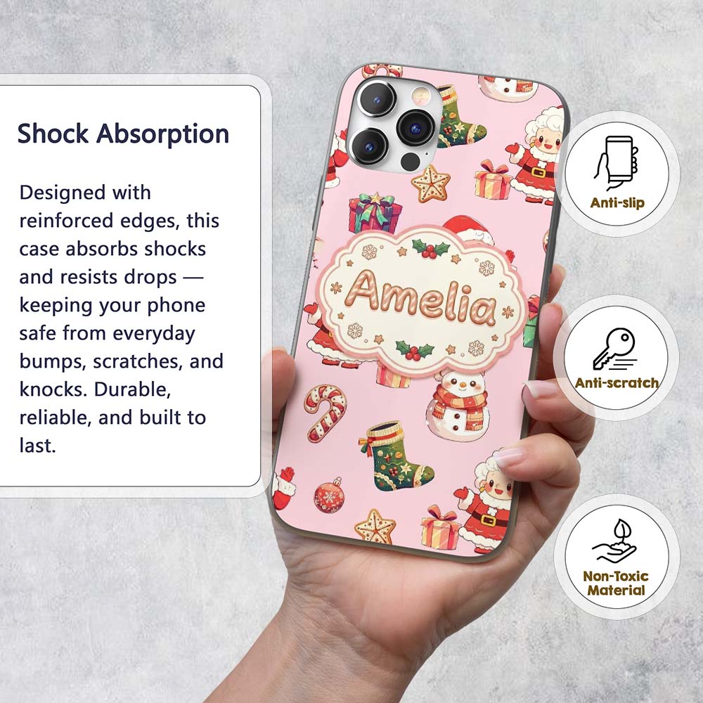 Cute Santa Claus Mrs Snowman Gift Candy on Pink Custom Name Protective Phone Case Mobile Cover Durable Everyday Smartphone Shock Resistant