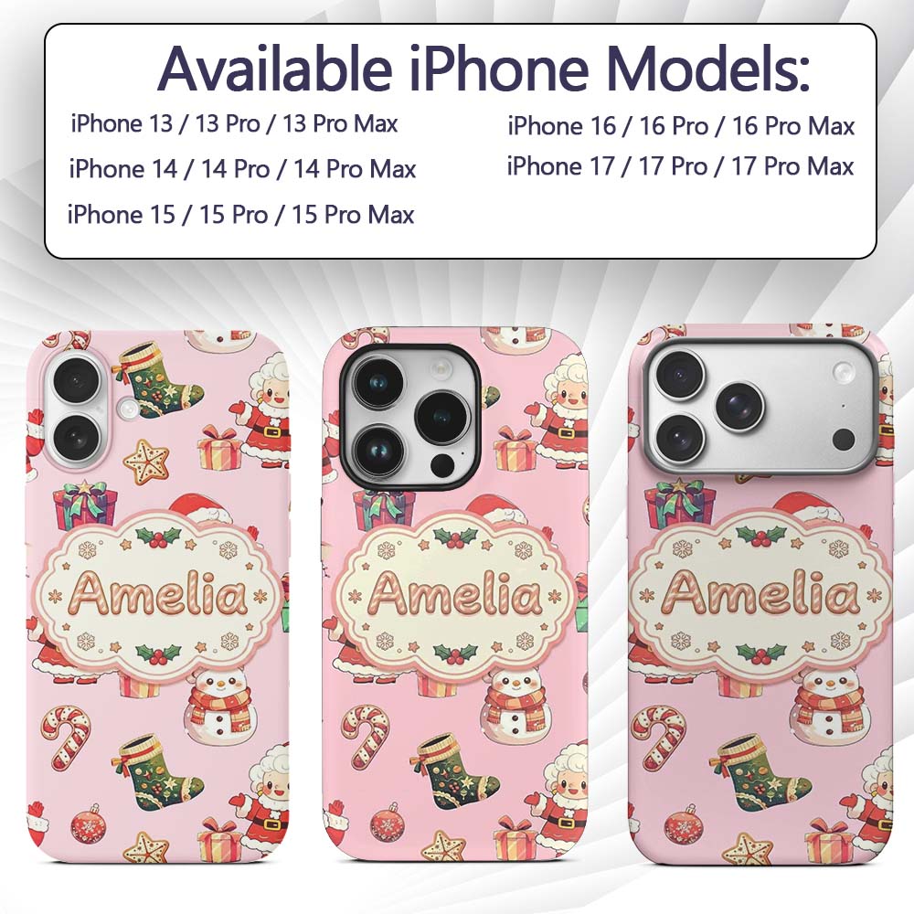Cute Santa Claus Mrs Snowman Gift Candy on Pink Custom Name Protective Phone Case Mobile Cover Durable Everyday Smartphone Shock Resistant