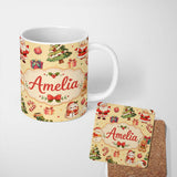Personalized Custom Name Cute Santa Claus Mrs Snowman Gift Candy on Beige Background 11oz Ceramic Coffee Tea Mug White Large Handle