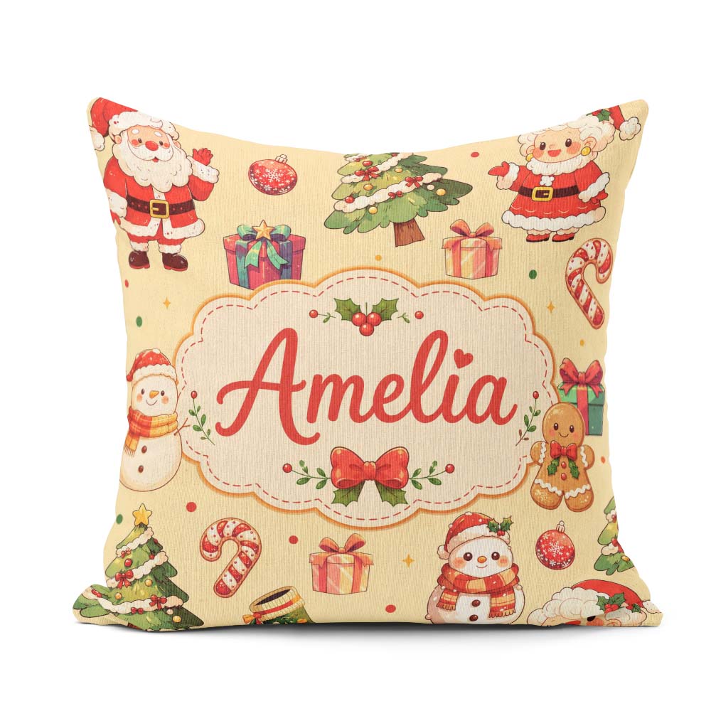 Custom Name Santa Claus Mrs Snowman Candy on Beige Background Square Filled Cushion Throw Pillow Sofa Bed Home Decor Zip Washable UK Made