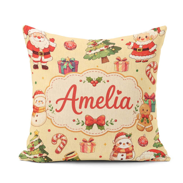 Custom Name Santa Claus Mrs Snowman Candy on Beige Background Square Filled Cushion Throw Pillow Sofa Bed Home Decor Zip Washable UK Made