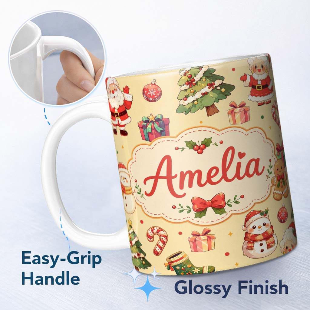 Personalized Custom Name Cute Santa Claus Mrs Snowman Gift Candy on Beige Background 11oz Ceramic Coffee Tea Mug White Large Handle