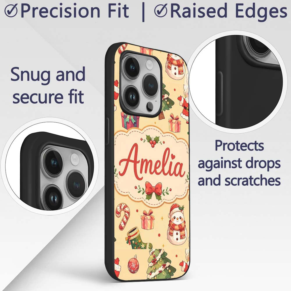 Cute Santa Claus Mrs Snowman Gift Candy on Beige Custom Name Protective Phone Case Mobile Cover Durable Everyday Smartphone Shock Resistant