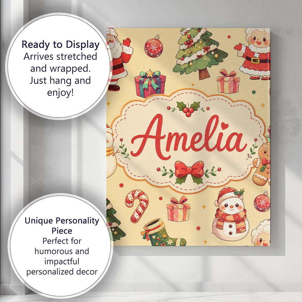 Personalised Name Cute Santa Claus Mrs Custom  Modern Room Accent Elegant Feature Canvas Wall Art Print Decor Picture Ready to Hang