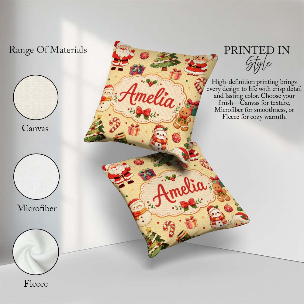 Custom Name Santa Claus Mrs Snowman Candy on Beige Background Square Filled Cushion Throw Pillow Sofa Bed Home Decor Zip Washable UK Made