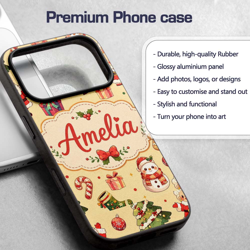 Cute Santa Claus Mrs Snowman Gift Candy on Beige Custom Name Protective Phone Case Mobile Cover Durable Everyday Smartphone Shock Resistant