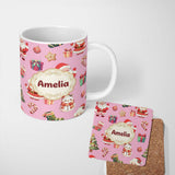 Personalized Custom Name Cute Santa Claus Mrs Snowman Gift Candy on Pink Background Seamless 11oz Ceramic Coffee Tea Mug White Large Handle