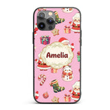 Cute Santa Claus Mrs Snowman Gift Candy on Pink Custom Name Protective Phone Case Mobile Cover Durable Everyday Smartphone Shock Resistant