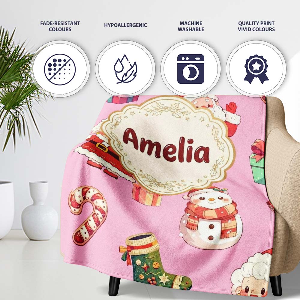 Cute Santa Claus Mrs Snowman Gift Candy on Pink Background Seamless  Personalised Custom Name Super Soft Fleece Blanket Bed Sofa Throw