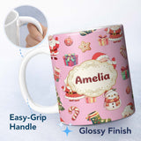 Personalized Custom Name Cute Santa Claus Mrs Snowman Gift Candy on Pink Background Seamless 11oz Ceramic Coffee Tea Mug White Large Handle