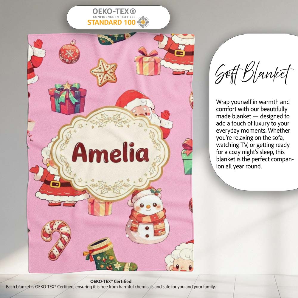 Cute Santa Claus Mrs Snowman Gift Candy on Pink Background Seamless  Personalised Custom Name Super Soft Fleece Blanket Bed Sofa Throw