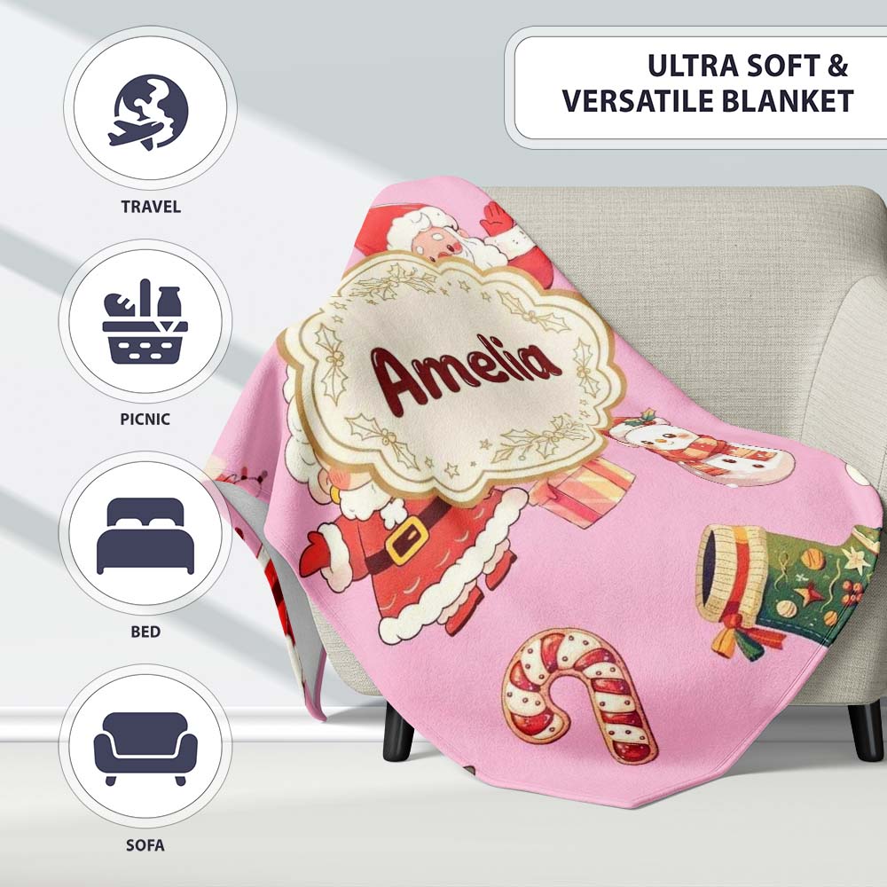 Cute Santa Claus Mrs Snowman Gift Candy on Pink Background Seamless  Personalised Custom Name Super Soft Fleece Blanket Bed Sofa Throw