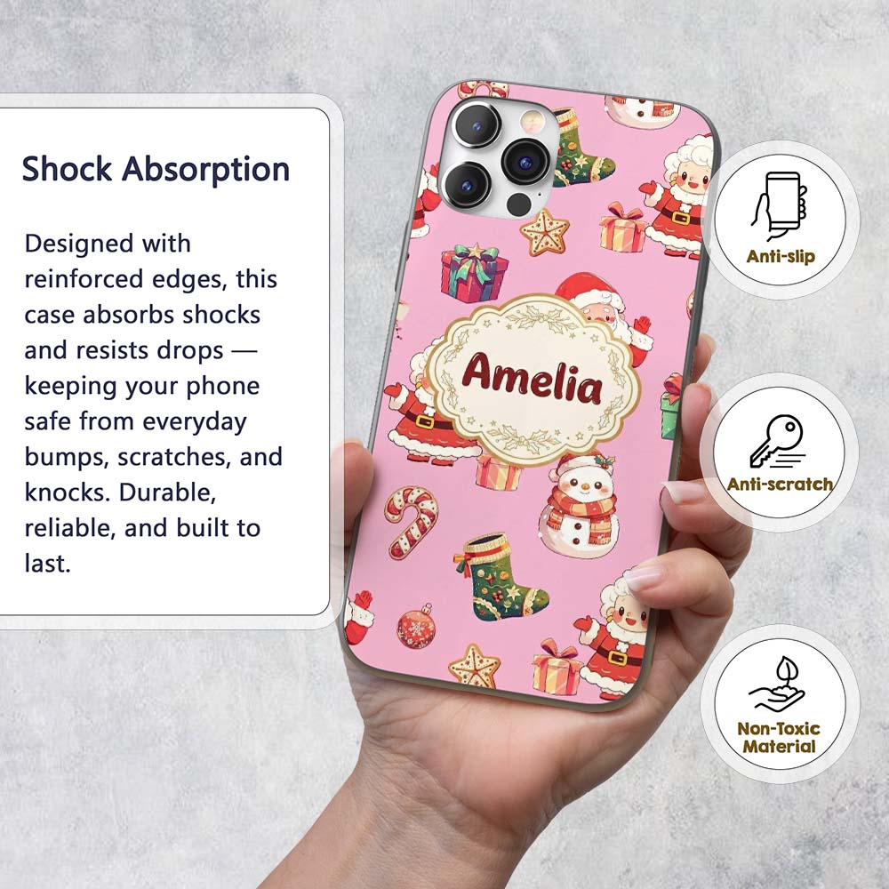 Cute Santa Claus Mrs Snowman Gift Candy on Pink Custom Name Protective Phone Case Mobile Cover Durable Everyday Smartphone Shock Resistant