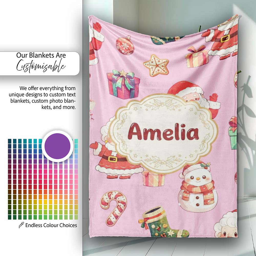 Cute Santa Claus Mrs Snowman Gift Candy on Pink Background Seamless  Personalised Custom Name Super Soft Fleece Blanket Bed Sofa Throw