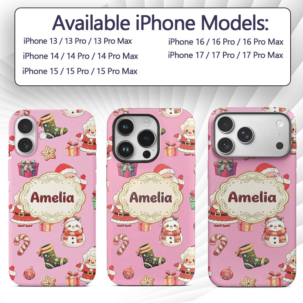 Cute Santa Claus Mrs Snowman Gift Candy on Pink Custom Name Protective Phone Case Mobile Cover Durable Everyday Smartphone Shock Resistant
