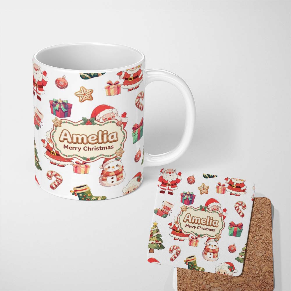 Personalized Custom Name Cute Santa Claus Mrs Snowman Gift Candy on Light Grey Background 11oz Ceramic Coffee Tea Mug White Large Handle