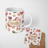 Personalized Custom Name Cute Santa Claus Mrs Snowman Gift Candy on Light Grey Background 11oz Ceramic Coffee Tea Mug White Large Handle