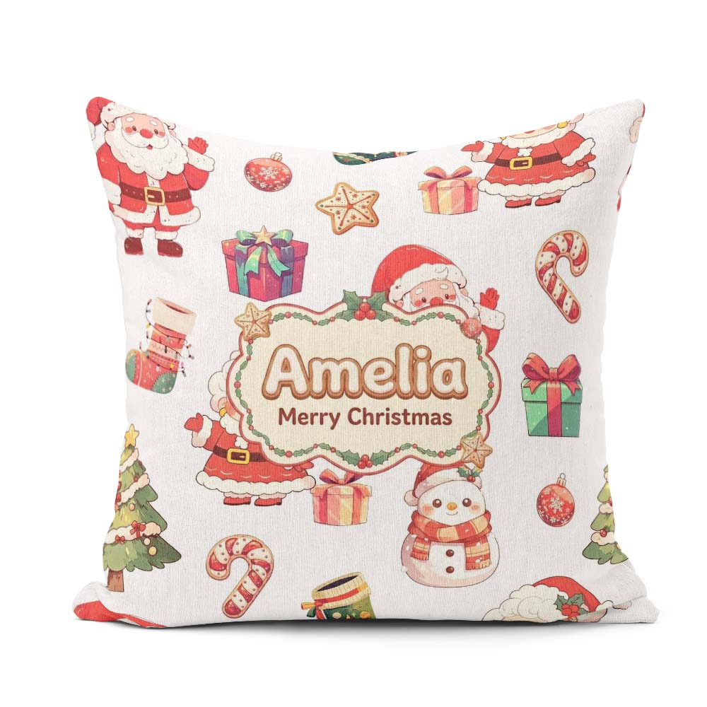 Custom Name Cute Santa Claus Mrs Candy on Light Grey Background Square Filled Cushion Throw Pillow Sofa Bed Home Decor Zip Washable UK Made