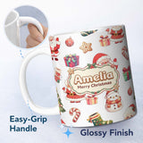 Personalized Custom Name Cute Santa Claus Mrs Snowman Gift Candy on Light Grey Background 11oz Ceramic Coffee Tea Mug White Large Handle