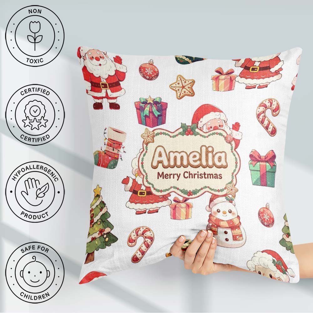 Custom Name Cute Santa Claus Mrs Candy on Light Grey Background Square Filled Cushion Throw Pillow Sofa Bed Home Decor Zip Washable UK Made