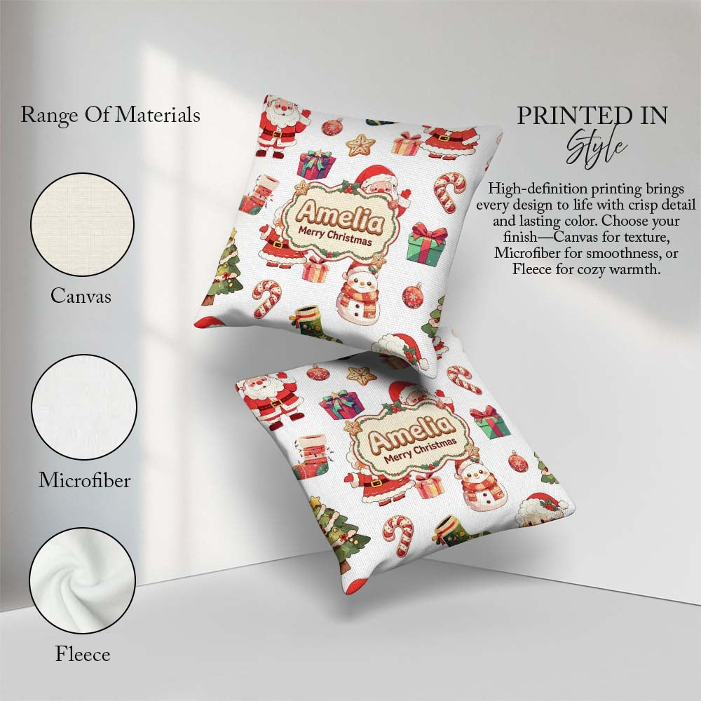 Custom Name Cute Santa Claus Mrs Candy on Light Grey Background Square Filled Cushion Throw Pillow Sofa Bed Home Decor Zip Washable UK Made