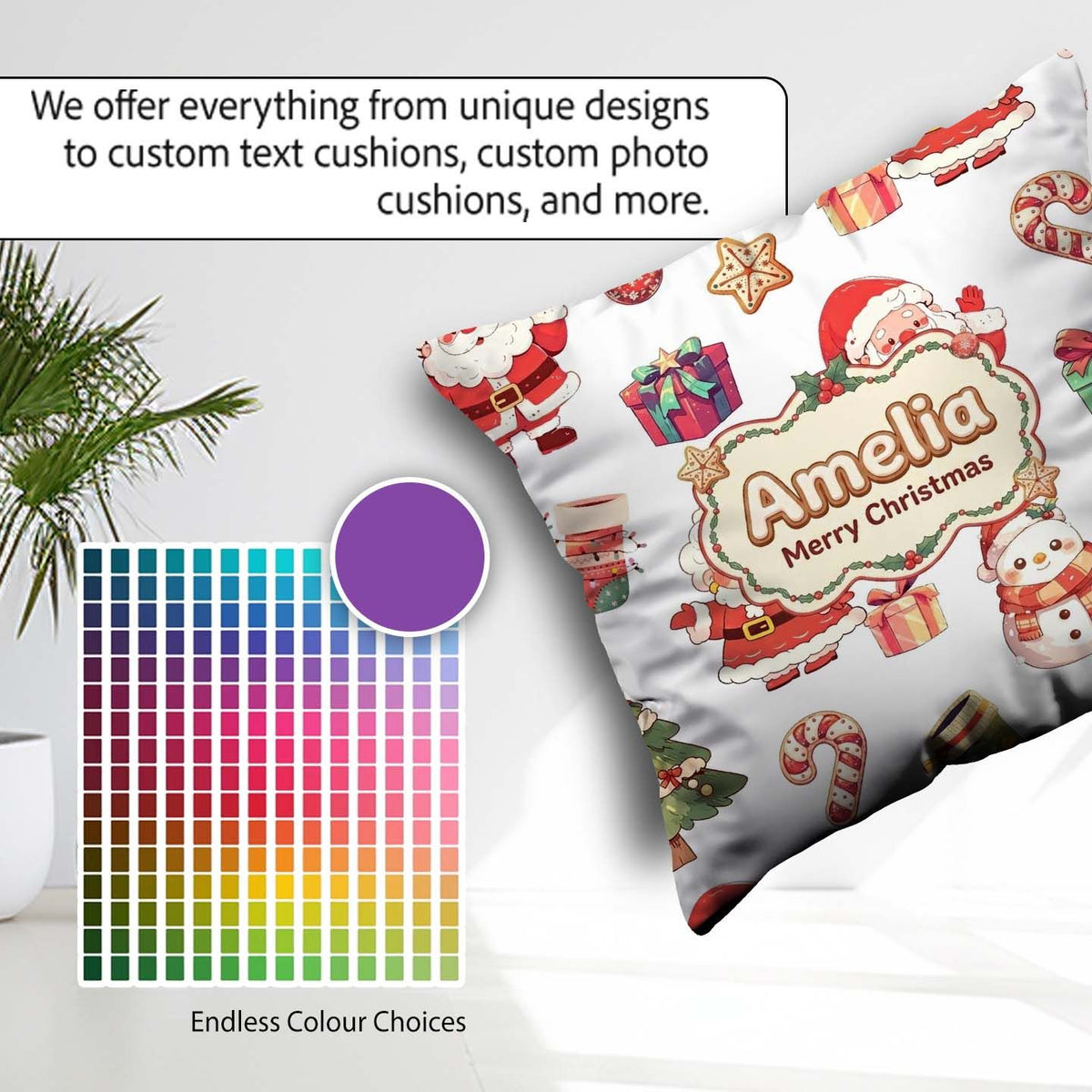 Custom Name Cute Santa Claus Mrs Candy on Light Grey Background Square Filled Cushion Throw Pillow Sofa Bed Home Decor Zip Washable UK Made