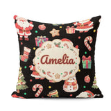 Custom Name Santa Claus Mrs Snowman Candy on Black Background Square Filled Cushion Throw Pillow Sofa Bed Home Decor Zip Washable UK Made