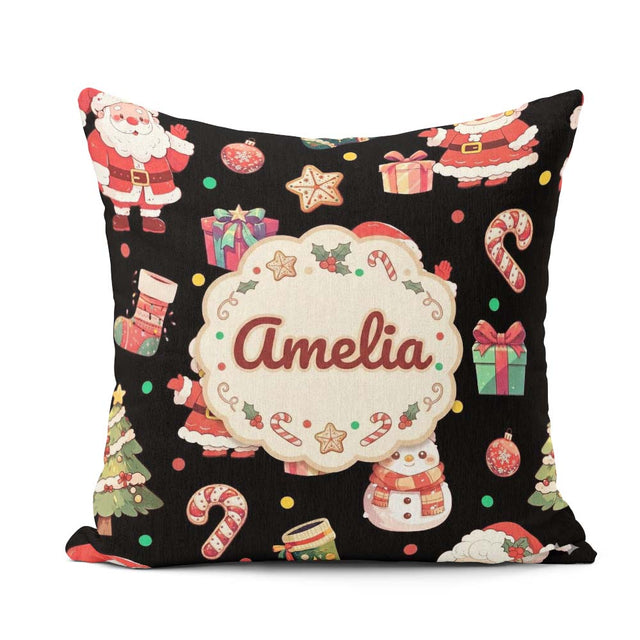 Custom Name Santa Claus Mrs Snowman Candy on Black Background Square Filled Cushion Throw Pillow Sofa Bed Home Decor Zip Washable UK Made