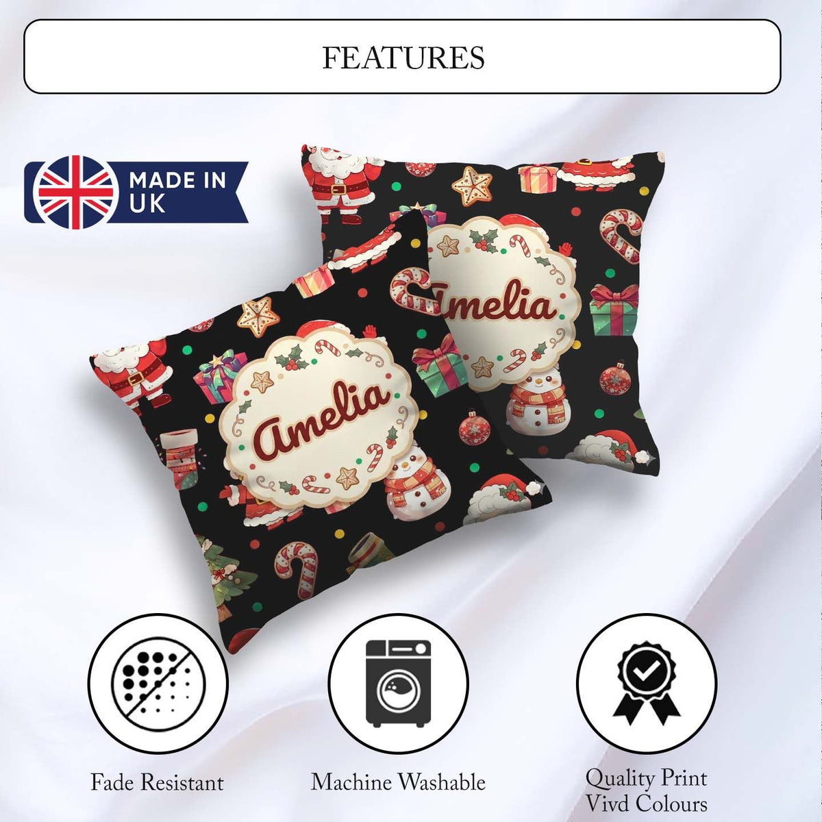 Custom Name Santa Claus Mrs Snowman Candy on Black Background Square Filled Cushion Throw Pillow Sofa Bed Home Decor Zip Washable UK Made