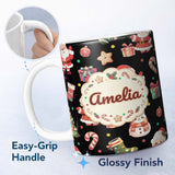 Personalized Custom Name Cute Santa Claus Mrs Snowman Gift Candy on Black Background 11oz Ceramic Coffee Tea Mug White Large Handle