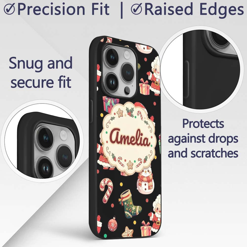 Cute Santa Claus Mrs Snowman Gift Candy on Black Custom Name Protective Phone Case Mobile Cover Durable Everyday Smartphone Shock Resistant