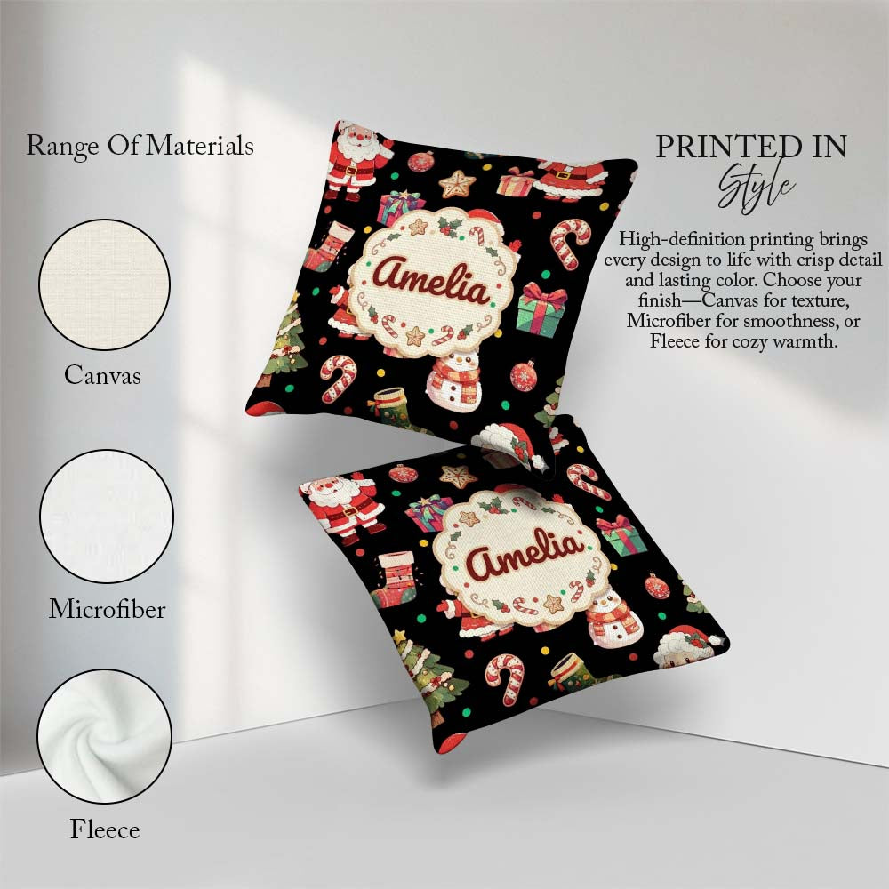 Custom Name Santa Claus Mrs Snowman Candy on Black Background Square Filled Cushion Throw Pillow Sofa Bed Home Decor Zip Washable UK Made