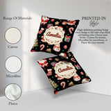 Custom Name Santa Claus Mrs Snowman Candy on Black Background Square Filled Cushion Throw Pillow Sofa Bed Home Decor Zip Washable UK Made