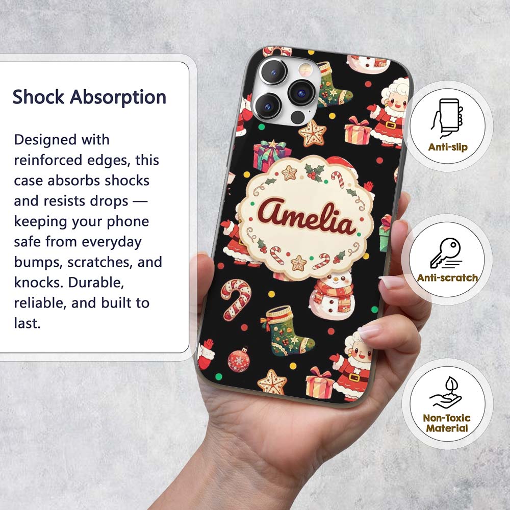 Cute Santa Claus Mrs Snowman Gift Candy on Black Custom Name Protective Phone Case Mobile Cover Durable Everyday Smartphone Shock Resistant