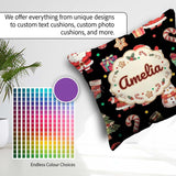 Custom Name Santa Claus Mrs Snowman Candy on Black Background Square Filled Cushion Throw Pillow Sofa Bed Home Decor Zip Washable UK Made