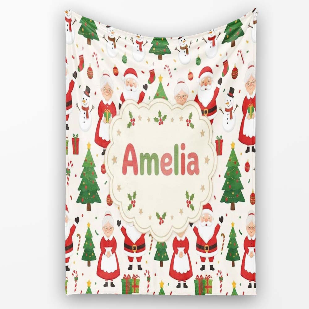 Santa Claus Mrs Snowman Gift Candy Confetti on White Background  Personalised Custom Name Super Soft Fleece Blanket Bed Sofa Throw