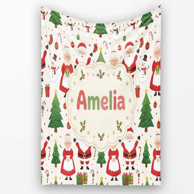 Santa Claus Mrs Snowman Gift Candy Confetti on White Background  Personalised Custom Name Super Soft Fleece Blanket Bed Sofa Throw