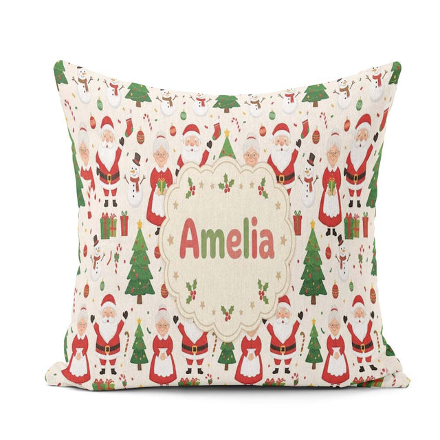 Custom Name Santa Claus Mrs Snowman Gift Candy Confetti on White Square Filled Cushion Throw Pillow Sofa Bed Home Decor Zip Washable UK Made