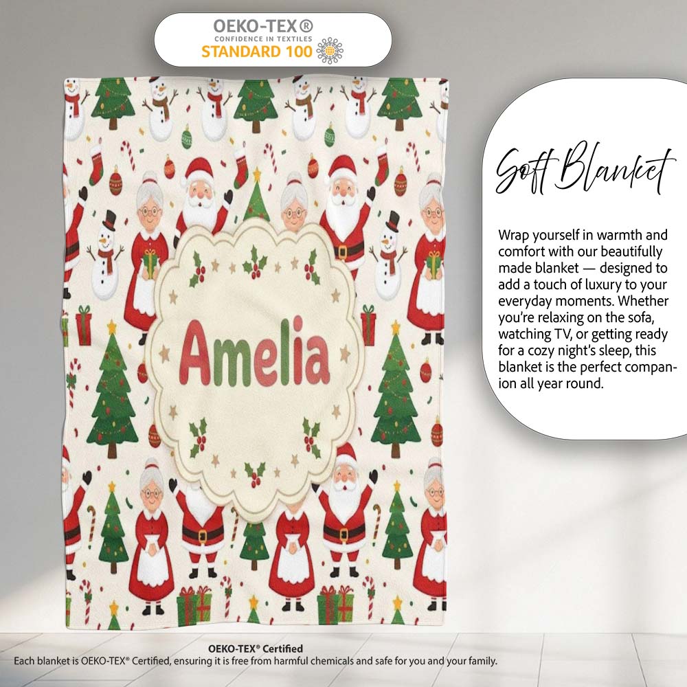 Santa Claus Mrs Snowman Gift Candy Confetti on White Background  Personalised Custom Name Super Soft Fleece Blanket Bed Sofa Throw