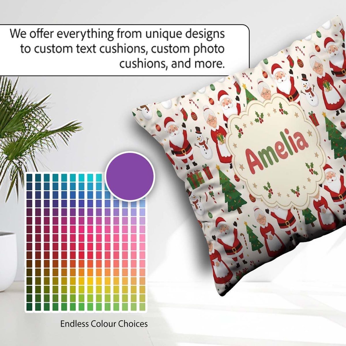 Custom Name Santa Claus Mrs Snowman Gift Candy Confetti on White Square Filled Cushion Throw Pillow Sofa Bed Home Decor Zip Washable UK Made
