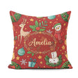 Custom Name Snowman Holly Leaves Red Background Seamless Pattern Square Filled Cushion Throw Pillow Sofa Bed Home Decor Zip Washable UK Made