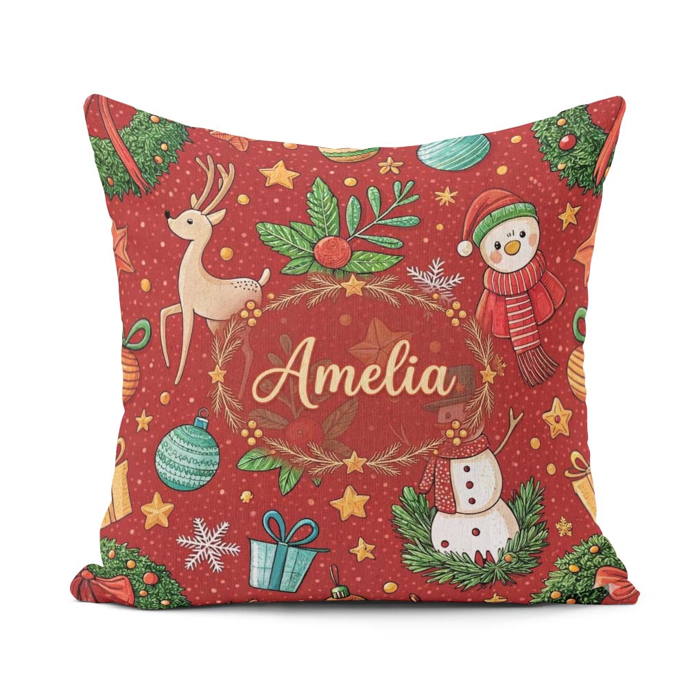 Custom Name Snowman Holly Leaves Red Background Seamless Pattern Square Filled Cushion Throw Pillow Sofa Bed Home Decor Zip Washable UK Made