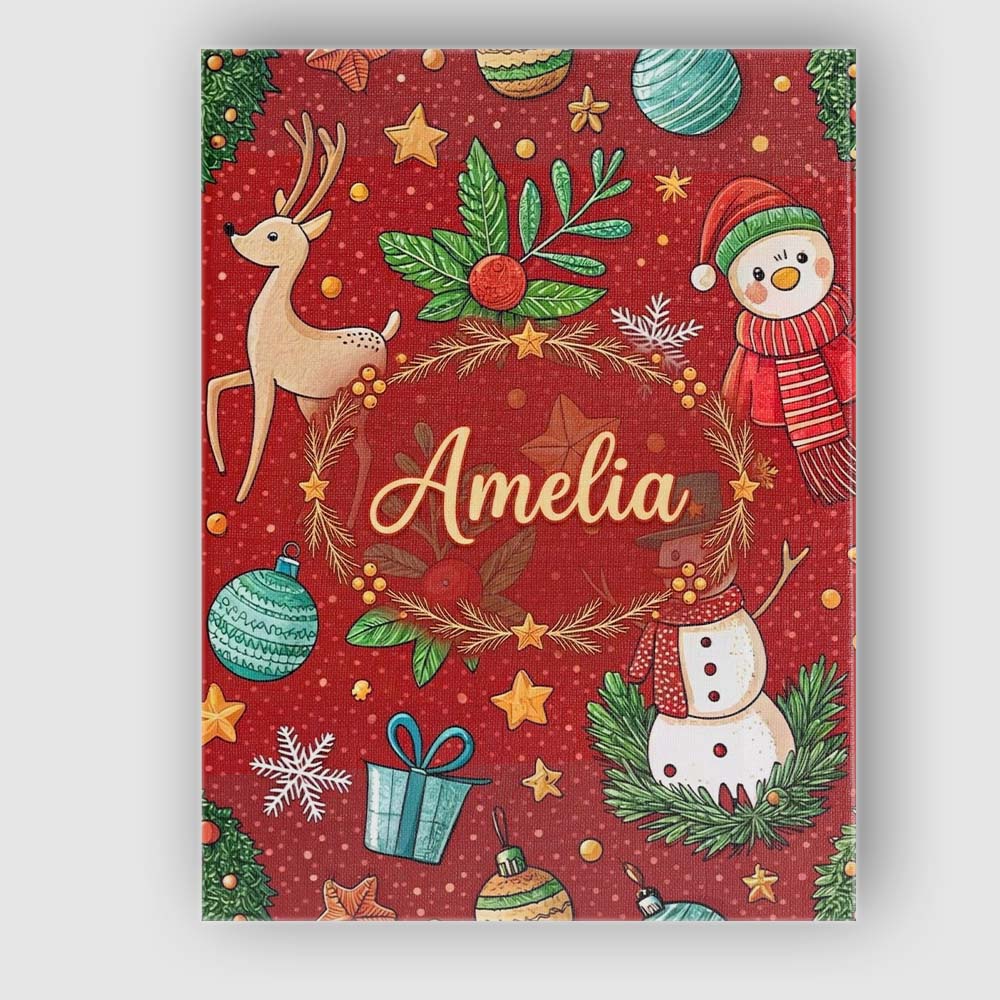 Personalised Name Snowman Holly Leaves Red Background Christmas Custom  Statement Canvas Wall Art Print Decor Picture Ready to Hang