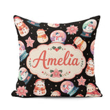Custom Name Snowman Snow Globe Poinsettia Winter Christmas Black Square Filled Cushion Throw Pillow Sofa Bed Home Decor Zip Washable UK Made