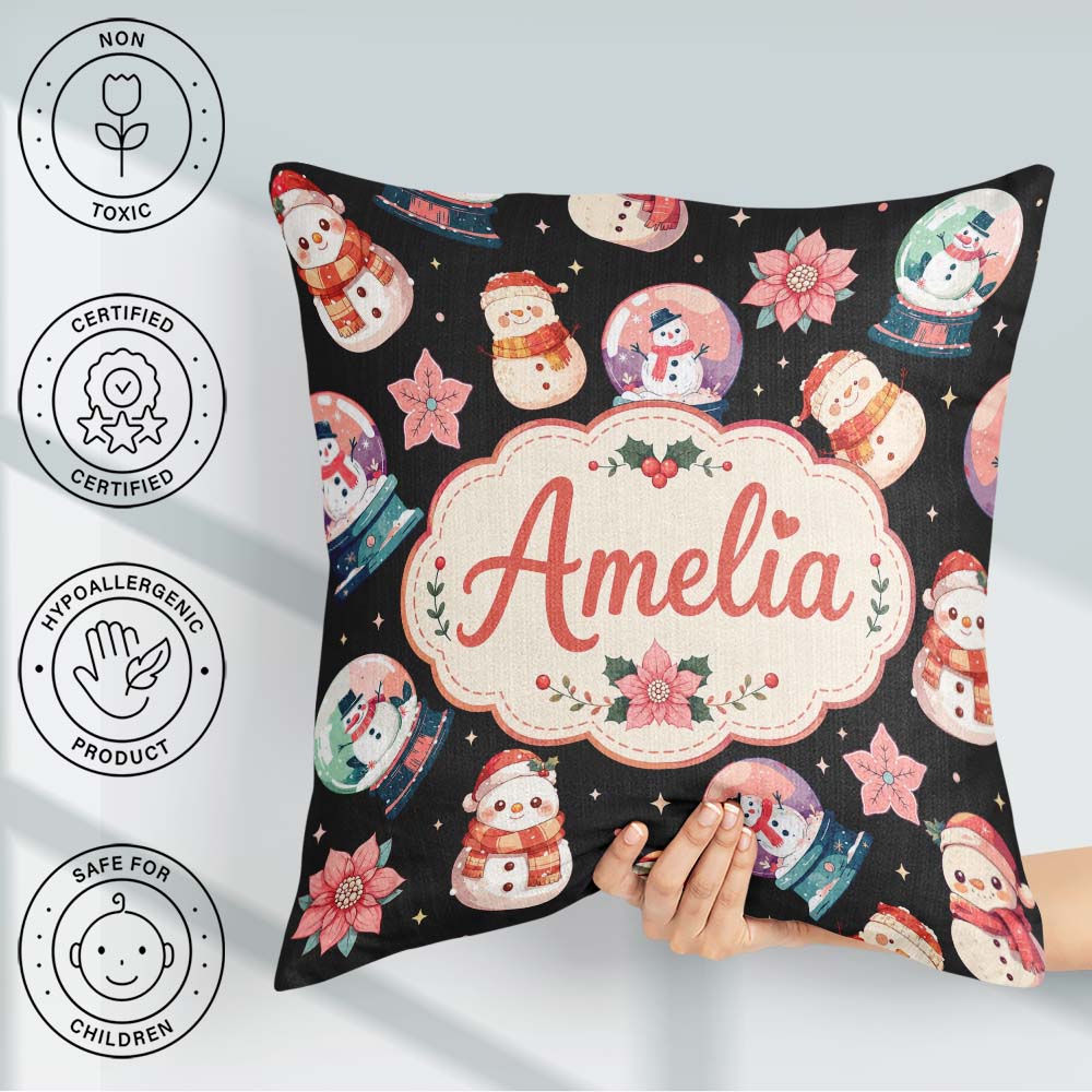 Custom Name Snowman Snow Globe Poinsettia Winter Christmas Black Square Filled Cushion Throw Pillow Sofa Bed Home Decor Zip Washable UK Made
