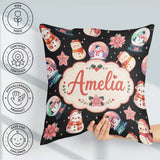 Custom Name Snowman Snow Globe Poinsettia Winter Christmas Black Square Filled Cushion Throw Pillow Sofa Bed Home Decor Zip Washable UK Made